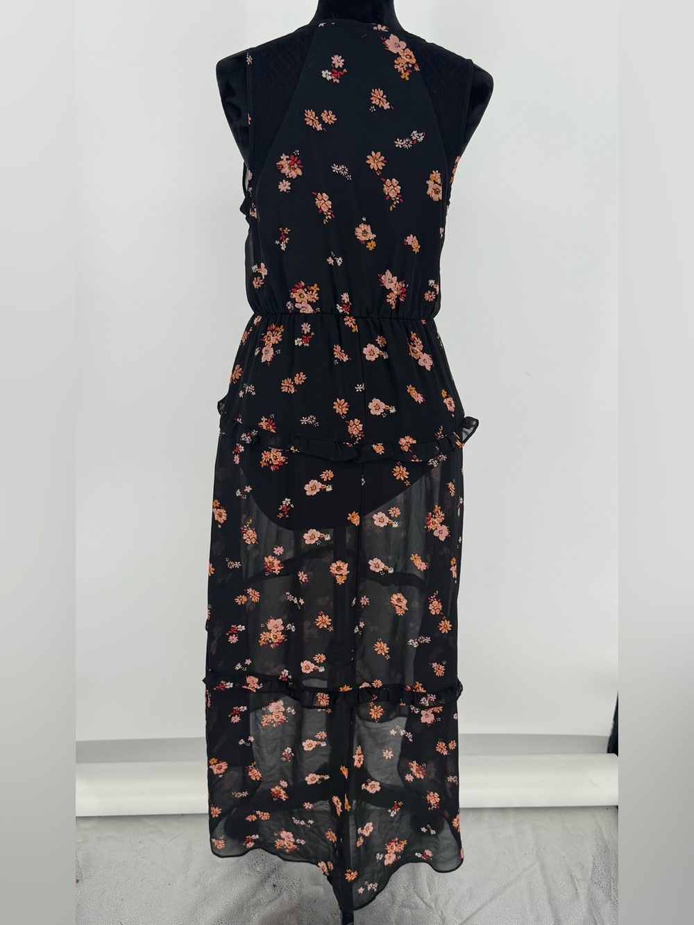 Xhilaration Size M Black Peach Floral Maxi Sleeveless Lined Dress High Low - Picture 3 of 14